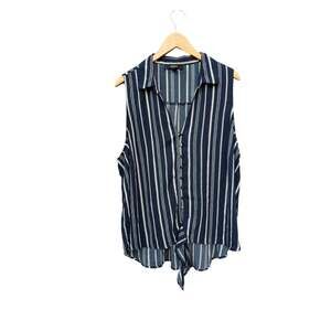 Preppy Costal Career Button Tie Navy Blue White Striped Plus Size 3X Blouse